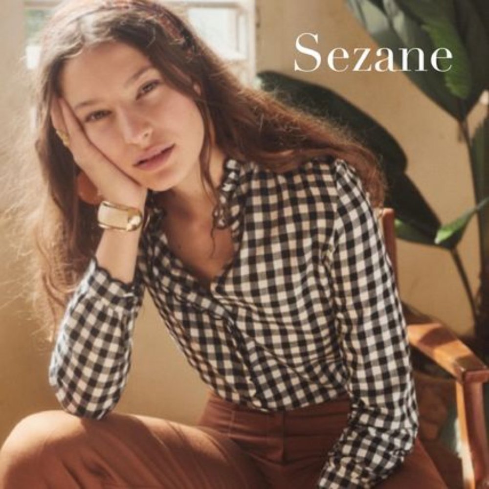 Sezane Gingham Tartan Plaid Long Sleeve Blouse 36